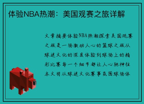 体验NBA热潮：美国观赛之旅详解